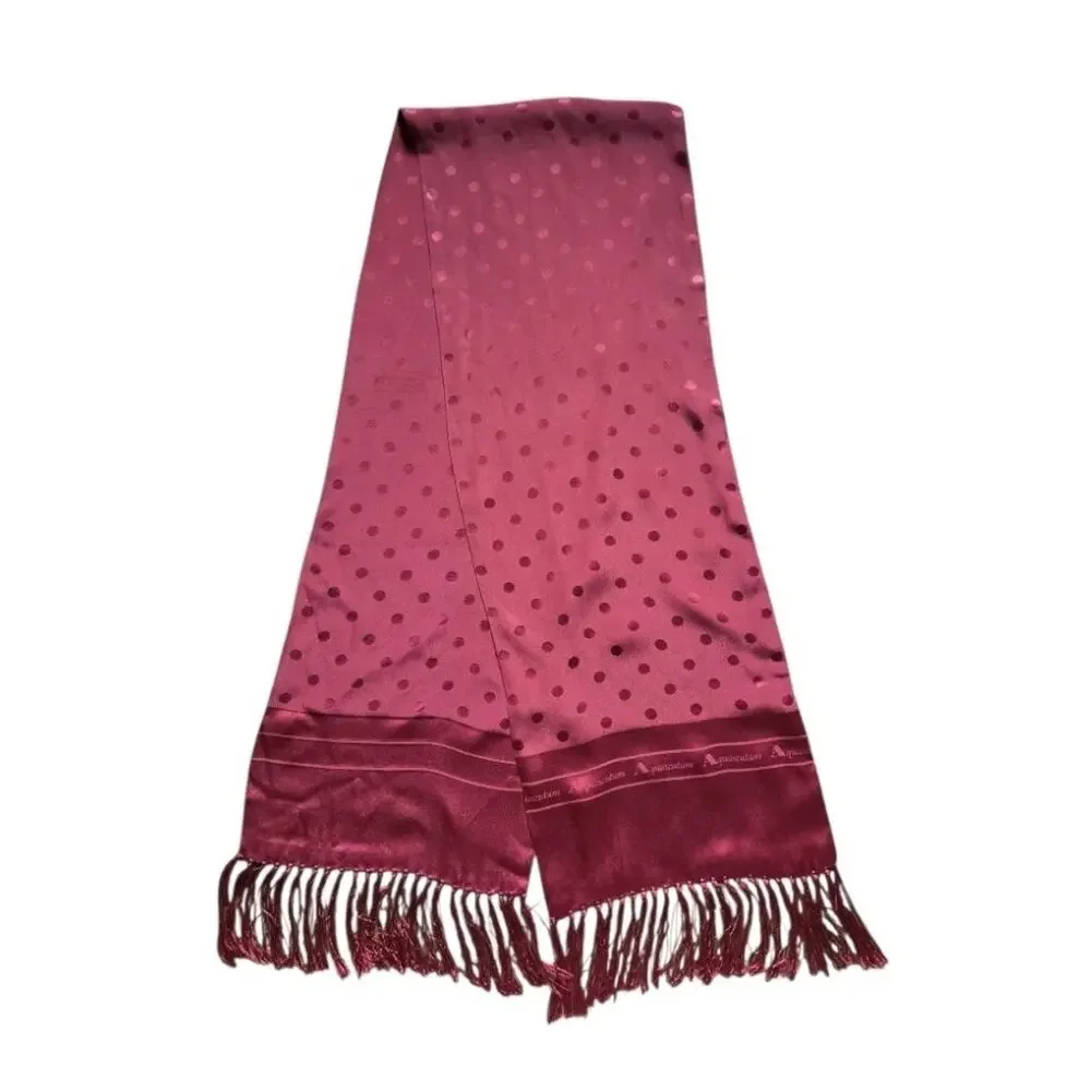 Aquascutum 100% Silk Polka Dot Fringe Scarf Made in Italy Designer Luxury 9x50